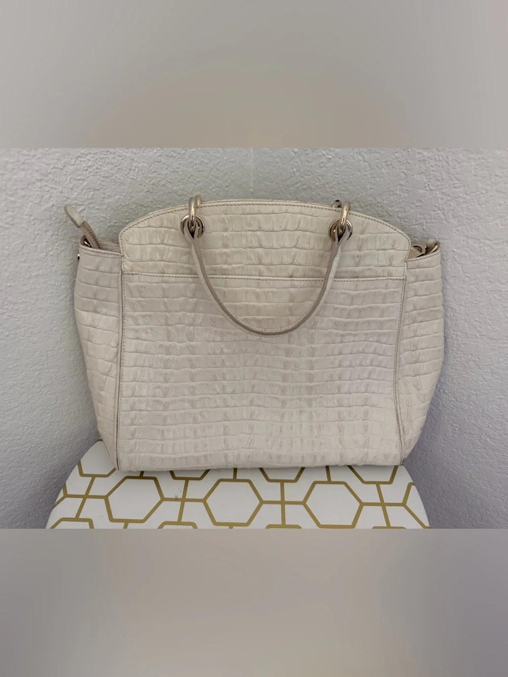 Brahmin Cream Croc-Embossed Tote with Tassel